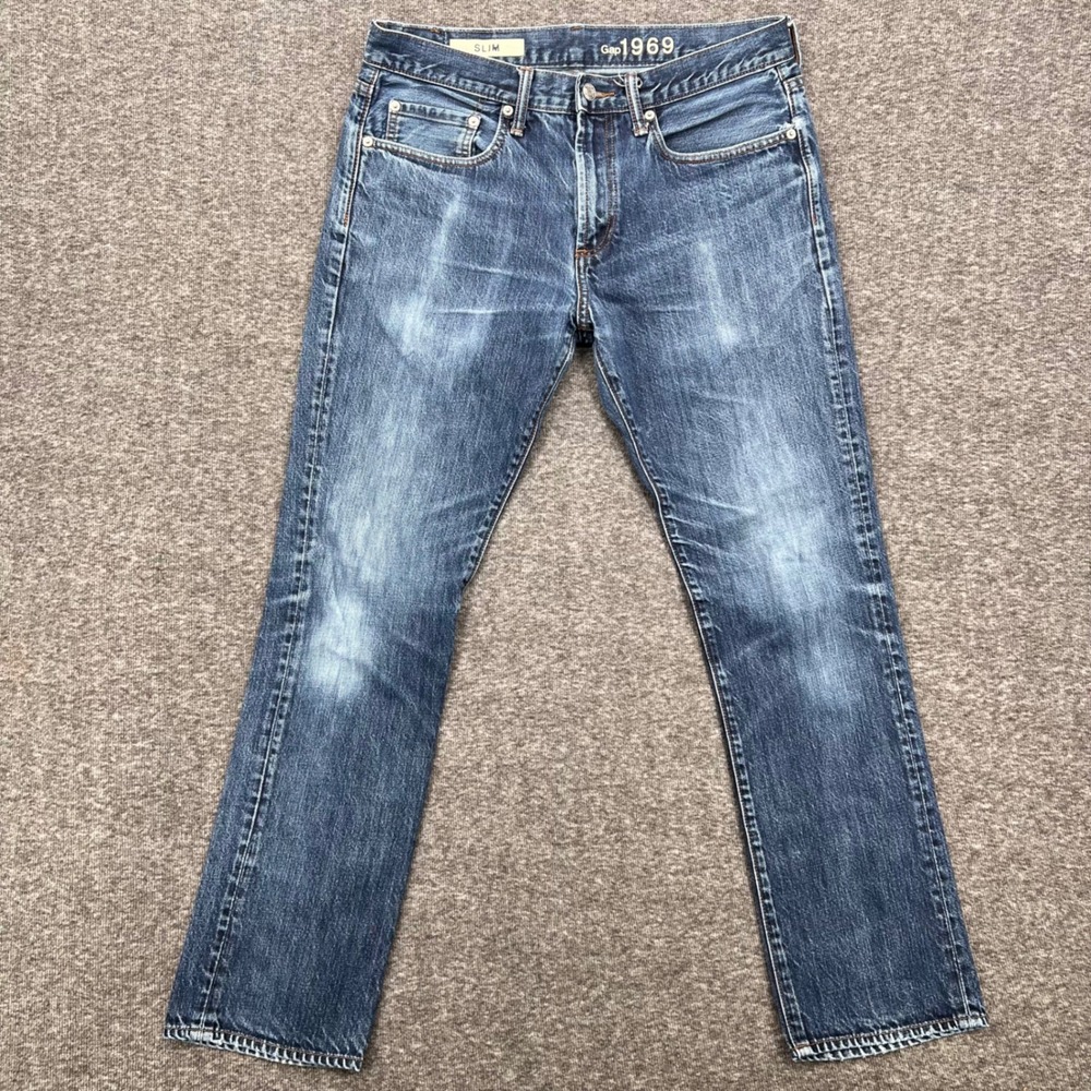 Gap 1969 Slim Fit Straight‎ Relaxed Mens Jeans Blue Medium Wash Distressed 31
